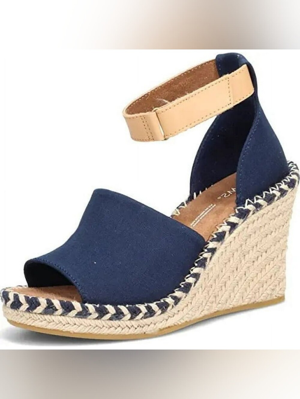 NWOT TOMS Marisol Espadrille Navy Wedge Sandals Ankle Strap Nautical Beach